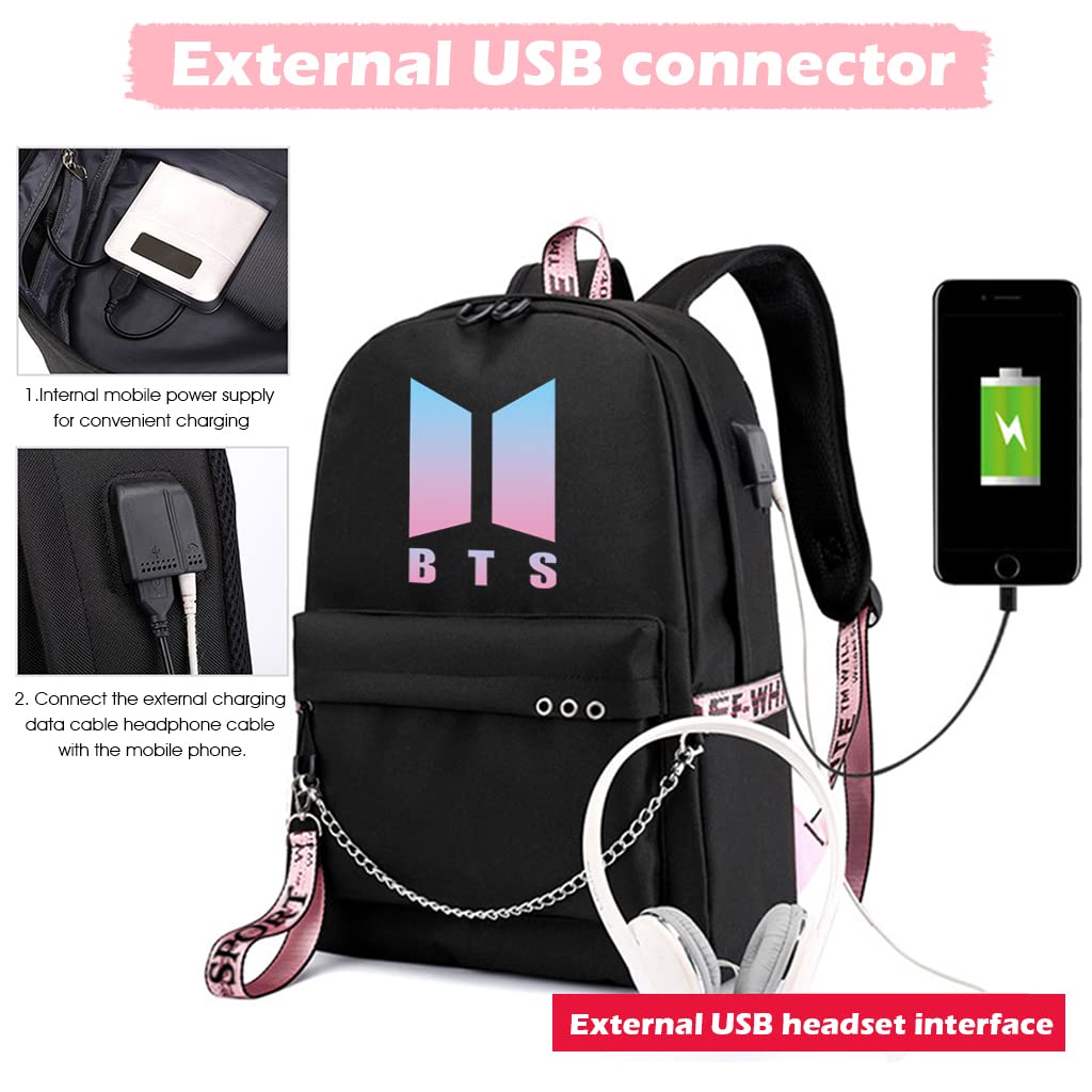 SANNIDHI  Kpop BTS Bangtan Boys Casual Backpack Daypack Laptop Bag School Bag Bookbag Shoulder Bag with USB Charging Port(Black 3)