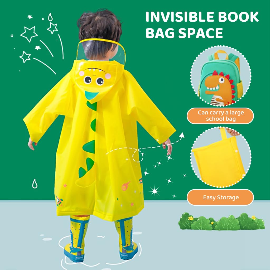 PATPAT Dinosaur Kids Rain Coat with Dual Waterproof Closure and Transparent Hood Brim | Knee-Length EVA Jacket for Boys and Girls 4-5 Years