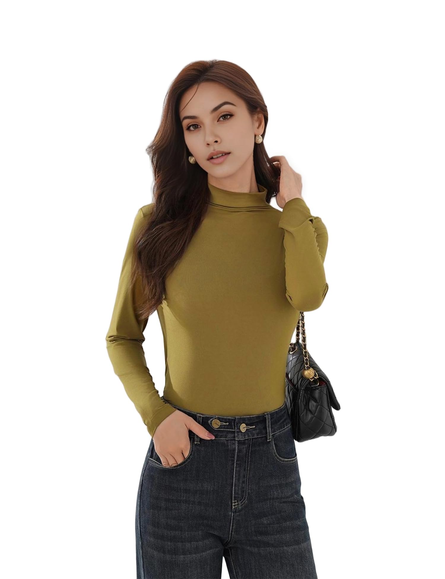 Venzina Women Mock Neck Long Sleeve Top with Soft Stretch Fabric in Mustard Yellow | Slim Fit