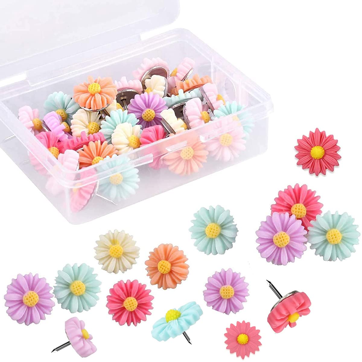 HASTHIP® 30PCS Flower Thumb Tacks, Decorative Daisy Push Pins Creative Thumbtacks for Photo Wall, Feature Wall, Whiteboard, Cork Board, Map, Bulletin Board, Office or Home