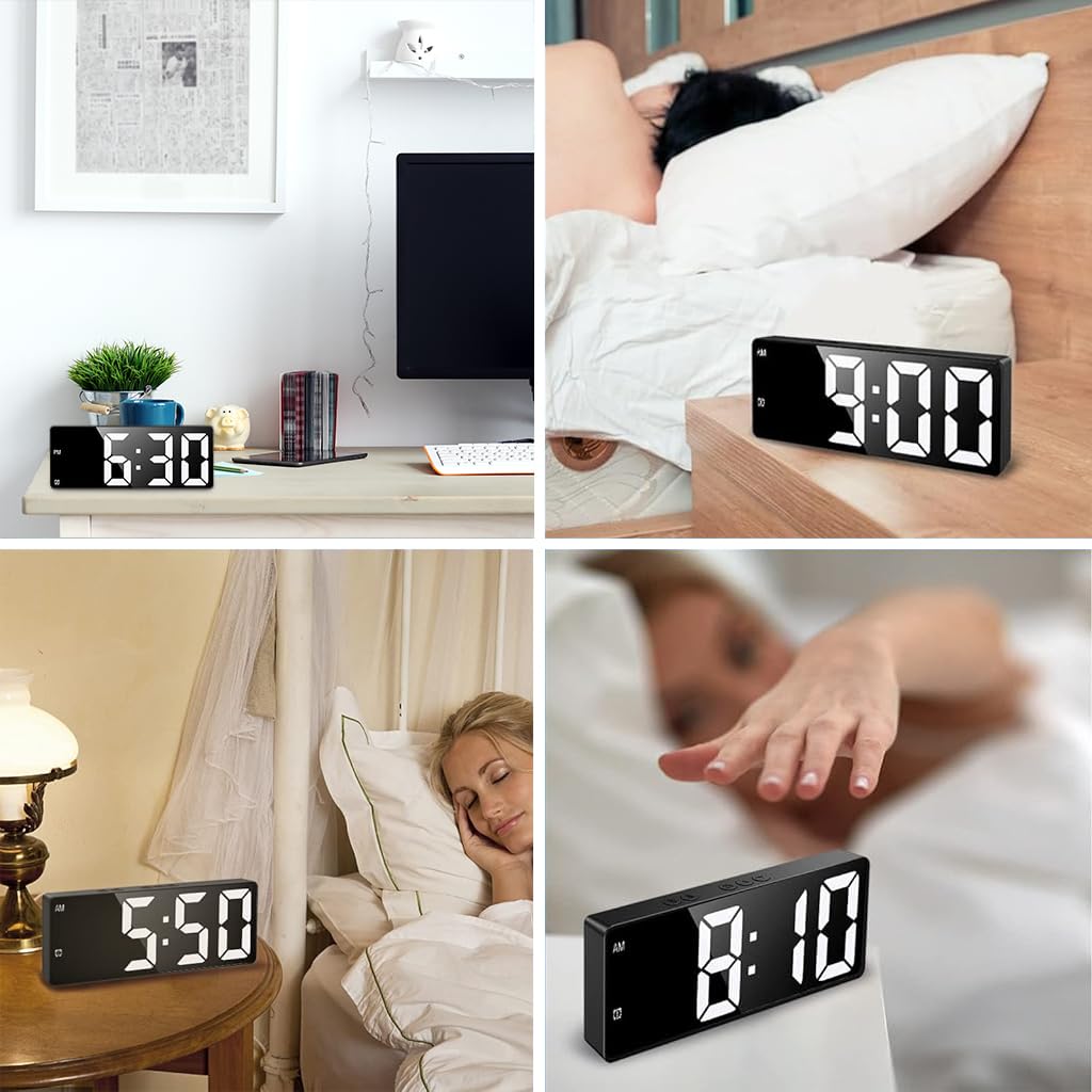 ZIBUYU® Digital Clock, LED Alarm Clock for Bedroom, Electronic Desktop Clock with Temperature Display, Voice Control, 12/24H, Small Clock for Bedroom Decor (No Battery＆Adapter)