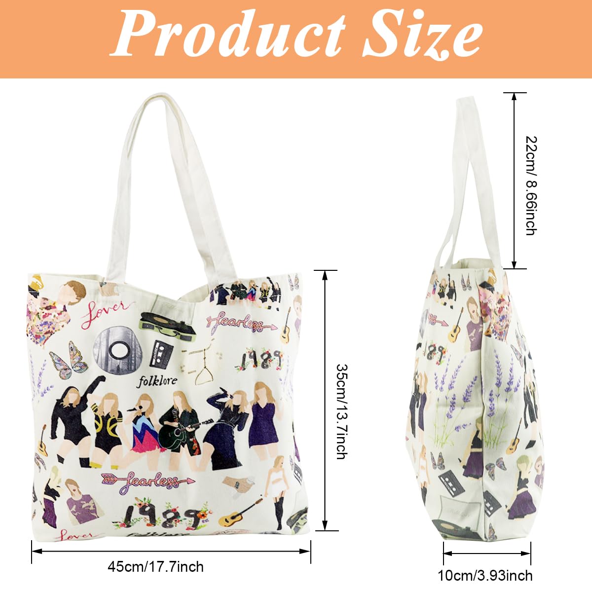 Zibuyu Girls Canvas Tote Bag for College with Secure Zipper Pocket 45x35x10 cm | White Shopping Tote