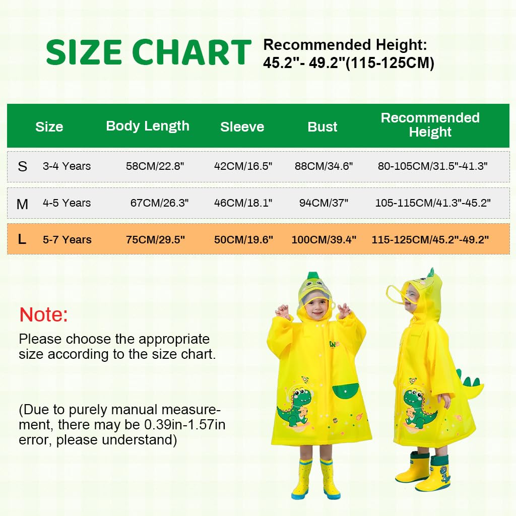 PATPAT Dinosaur Kids Rain Coat with Dual Waterproof Closure and Transparent Hood Brim | Knee-Length EVA Jacket for Boys and Girls 4-5 Years