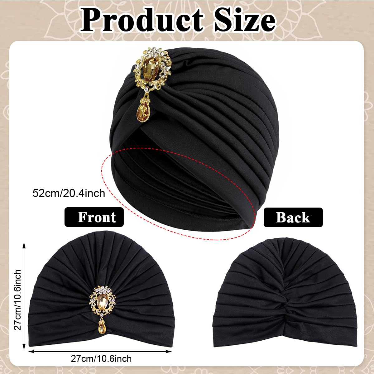 PALAY Turban Cap for Women with Alloy Crystal Tassel and 58cm Stretch Fit | Black Cozy Fabric for Wedding and Church