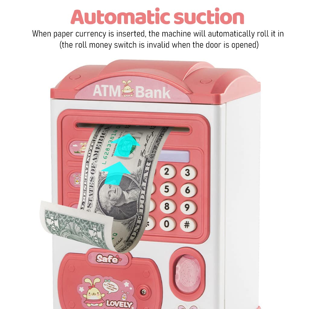 PATPAT Electronic ATM Piggy Bank for Kids with Password and Fingerprint Lock 13.5×11.5×20cm Pink | Fun Money Saving Toy