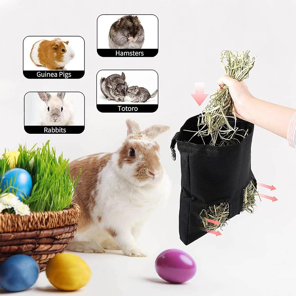 Qpets Rabbit Hay Feeder Bag for Small Pets 25×30cm with Dual Hooks and 2 Feeding Holes