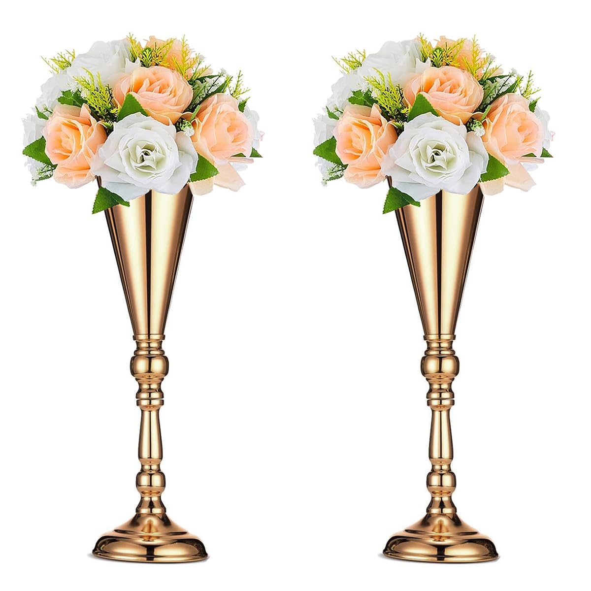 HASTHIP® 2Pcs Tabletop Metal Wedding Flower Trumpet Vase -Wedding Centerpiece Flower Vase, 16.5 Inches Luxury Golden Metal Flower Holder Vase for Dining Table Decoration, Wedding, Party, Home Decor