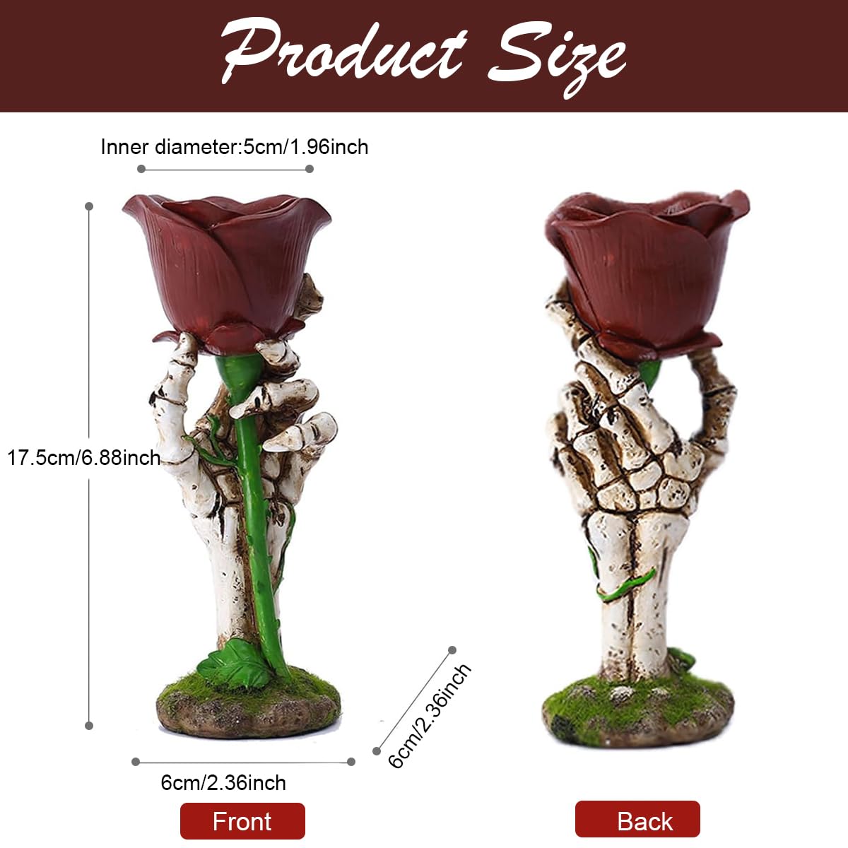 HASTHIP Halloween Candle Holder for Home Decor featuring Skeleton Hand and Rose 7.3x7.2x18.5cm | Gothic Romantic Resin Candle Stand