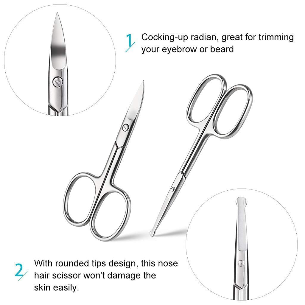 MAYCREATE  Nose Scissors Beard Mustache Eyebrow Trimmer Stainless Steel Set with Storage Box (Silver)