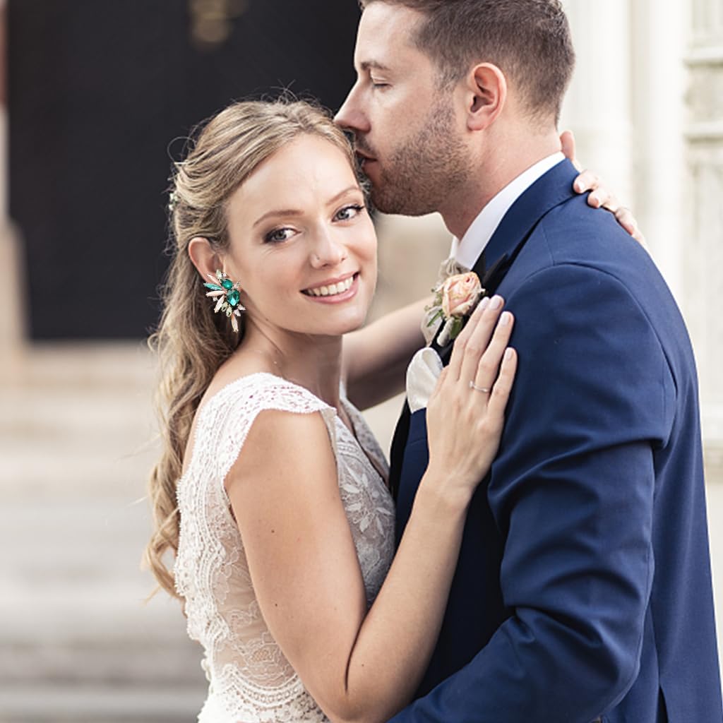 Venzina Earrings for Women with 1.9 in Drop Design featuring Green Crystals and Symmetrical Artistry