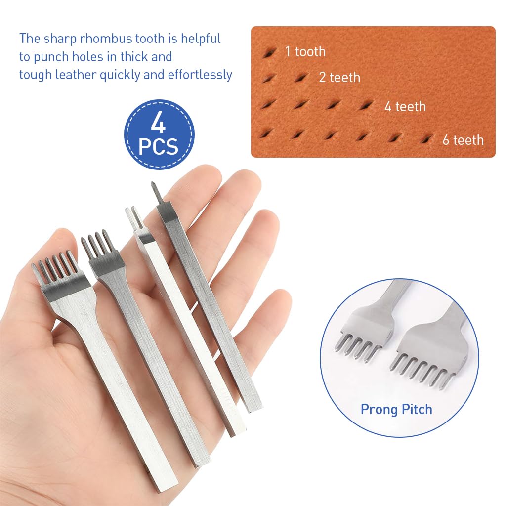 HASTHIP® 4Pcs Leather Stitching Punches Stitching Chisel Set, 1/2/4/6 Prong Stitching Punch Tool Stitching Prong for DIY Leather Crafts Hand Leather Stitching Tools