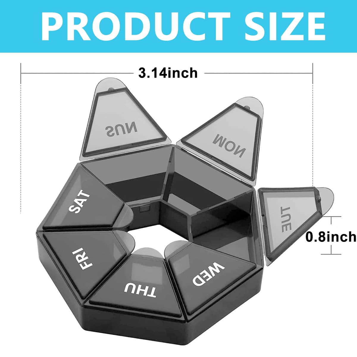 HANNEA Weekly Pill Organizer for Travel with 7 Sided Case 8.3×8.3×1.7cm | Food Grade PP