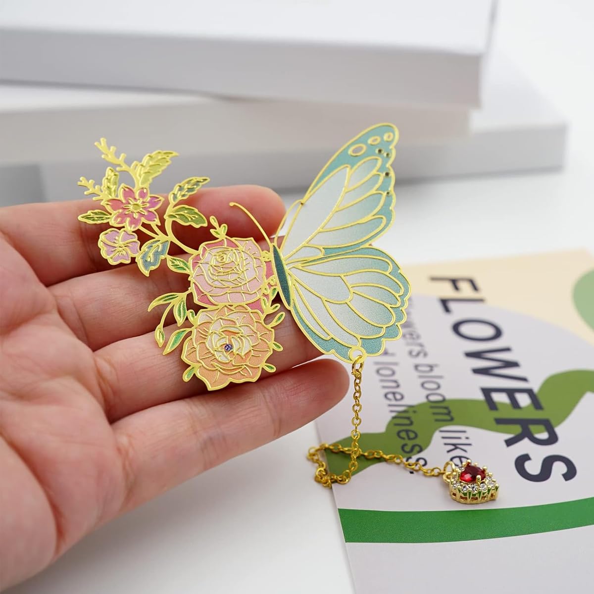 HASTHIP Metal Feather Bookmark for Books with Glow in the Dark Butterfly Chain | Zinc Alloy 11.5cm