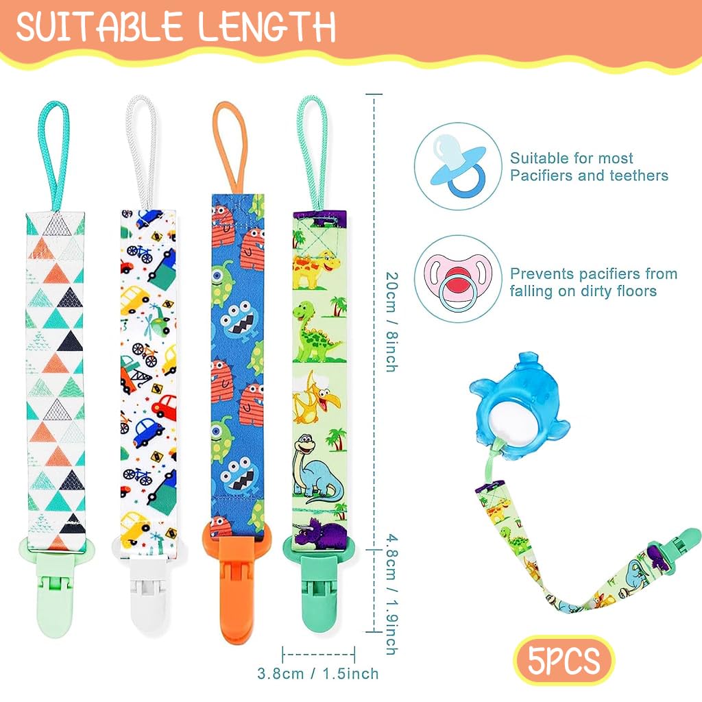 SNOWIE SOFT® 5pcs Anti Lost Pacifier Chain Strap Pacifier Clip for Toddlers Cartoon Fabric Pacifier Clip Strap for Soother, Teether, Toy, Pacifier Anti Lost Baby Pacifier Attaching Strap