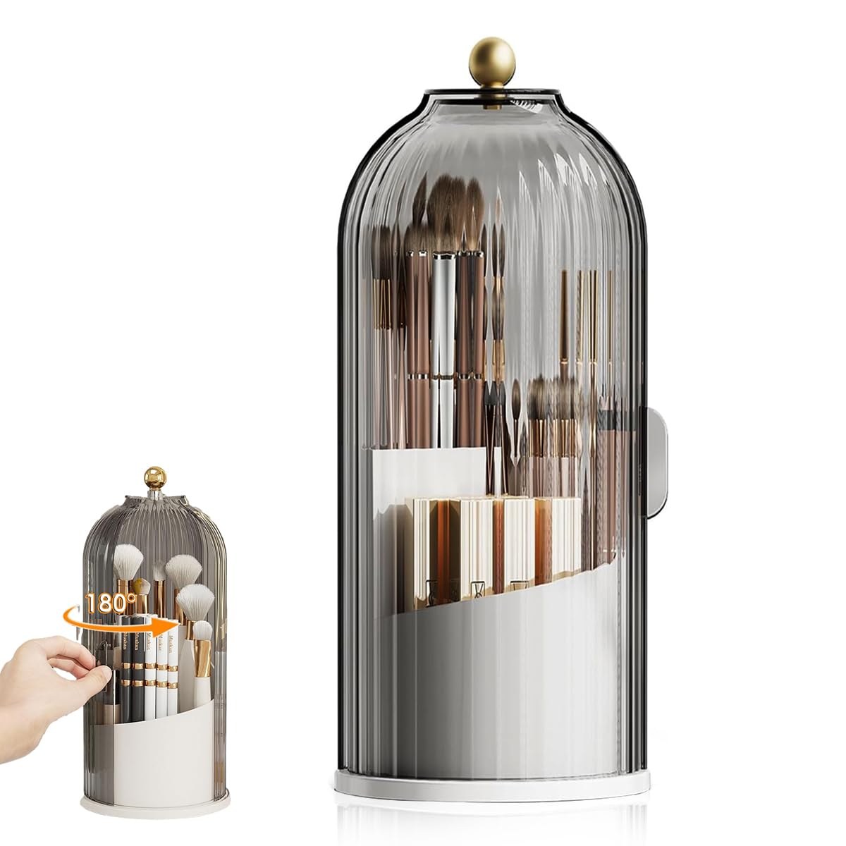 MAYCREATE Makeup Brush Holder for Vanity with 360° Rotatable 3 Grid Design | Grey Plastic Organizer 12.2×27 cm