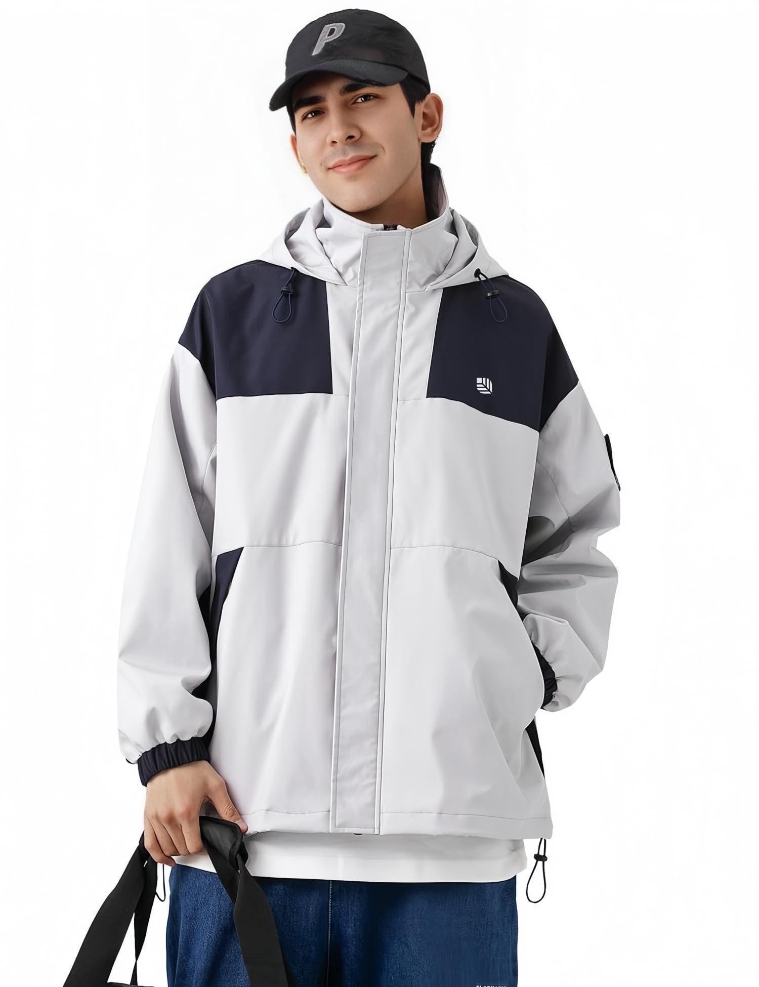 Venzina Men's Modular Tech Wear Jacket for Urban and Outdoor Style with Waterproof Windproof Shell and Interchangeable Patches in Light Gray