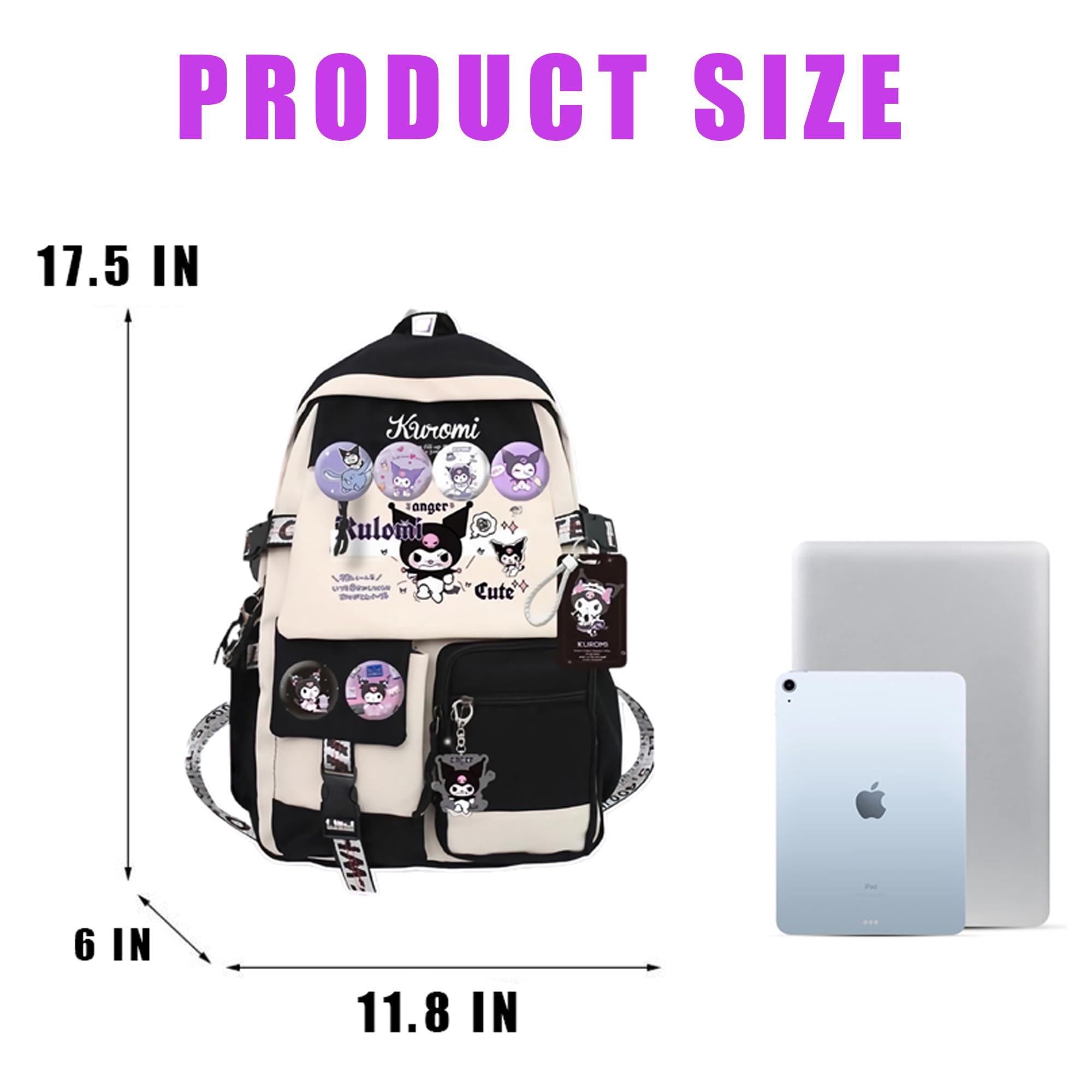 PALAY® Kuromi Backpack for School Girls 6-12 Years Old Teens Fashion Kawaii Kuromi Print School Backpack Large Multi Layer Book Bag Travel Backpack for Teens Students School Gift for Girls