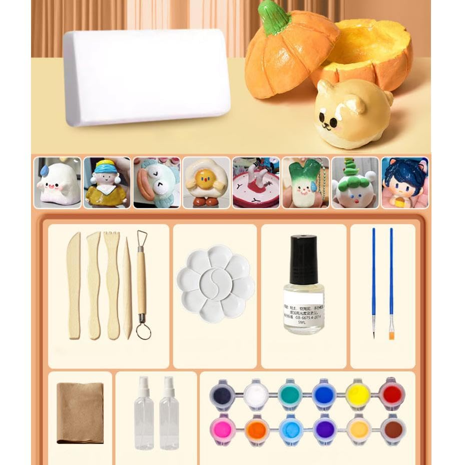 HASTHIP® Air Dry Clay Pottery Kit for Beginners,with 24 Pcs Clay Sculpting Kit Includes: How-to-Guide,Tools 12 Paint Brushes Sponge Modeling for Sculpting Home