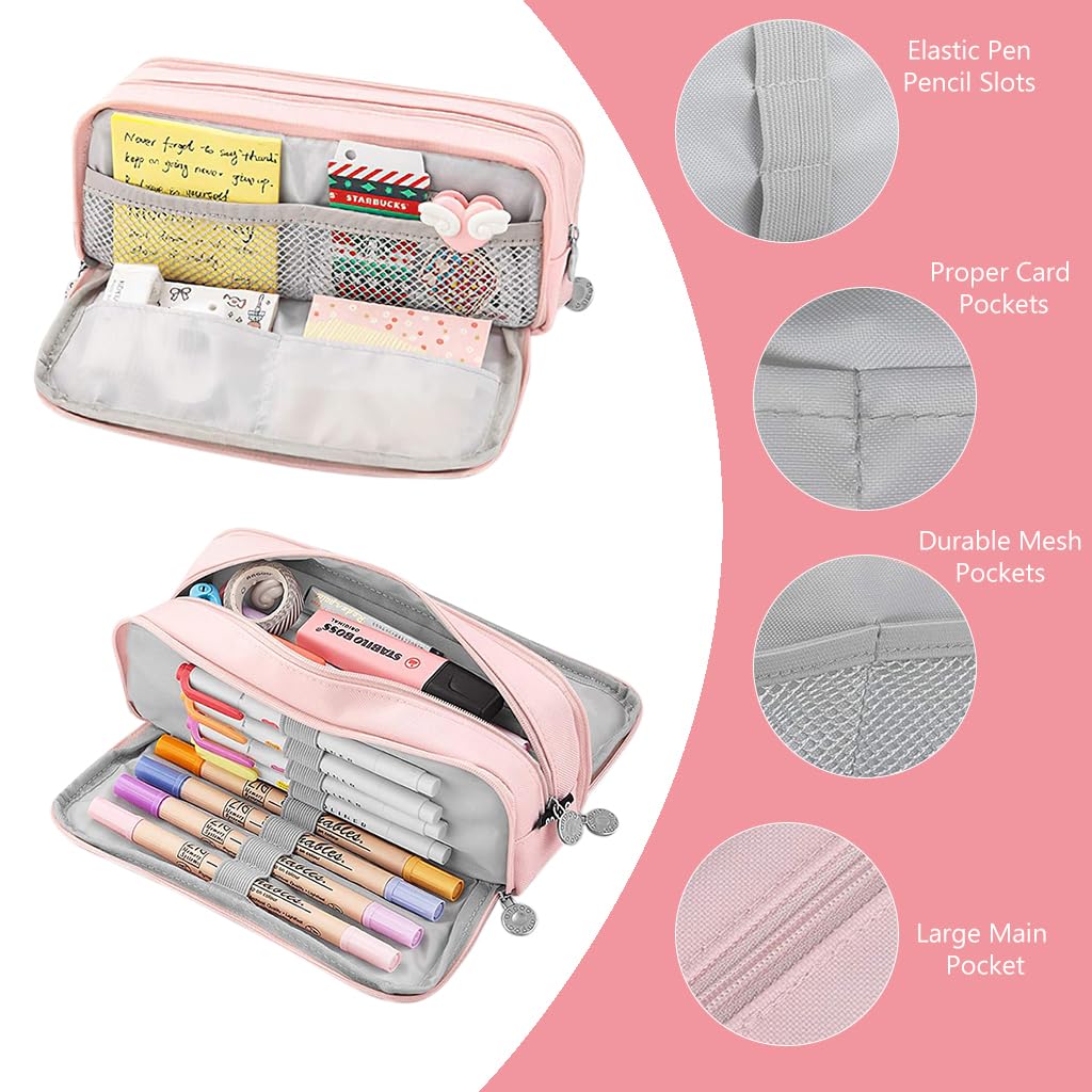 ZIBUYU Student Pencil Pouch Girls Pencil Bag Triple Layer Pencil Zipper Pouch Large Capacity Pencil Pouch Pink Oxford Cloth Pencil Pouch Office Stationeries Organizer Pouch School Supplies