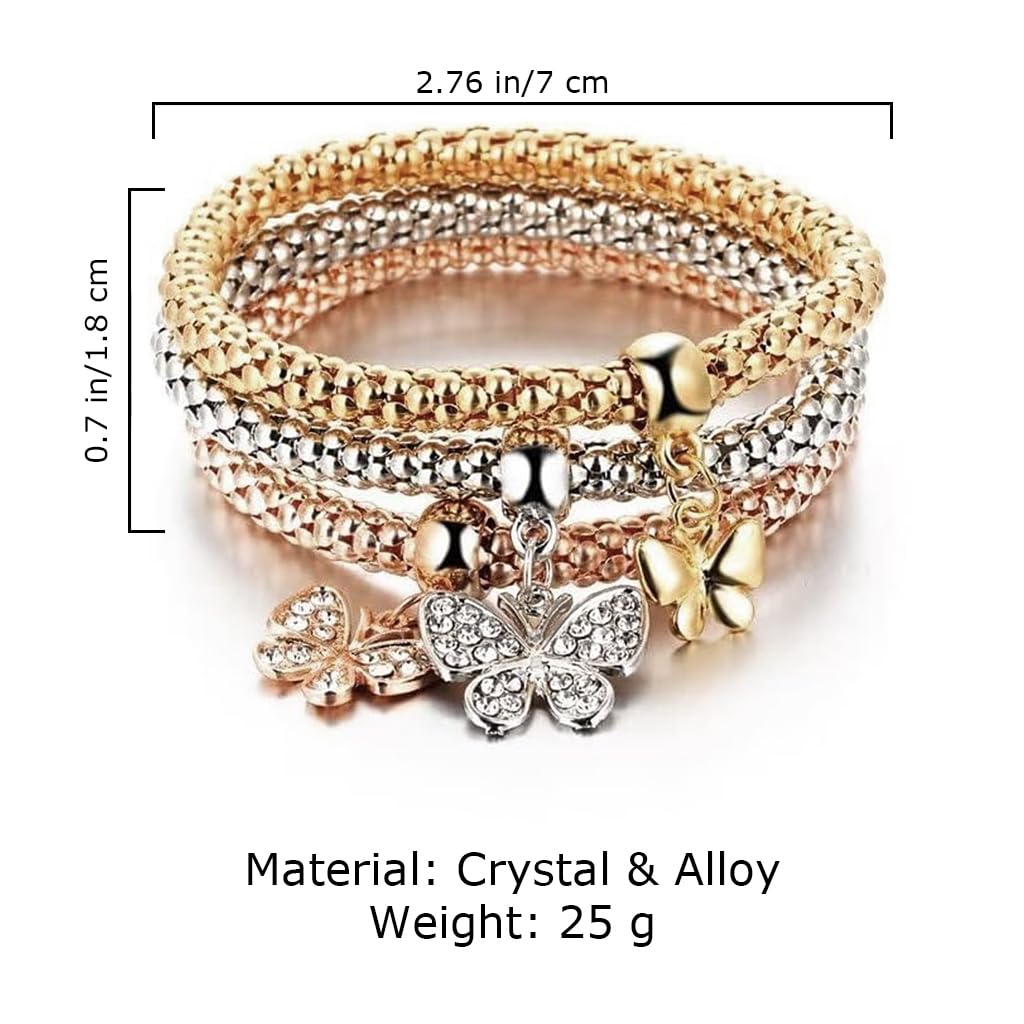 Venzina Bracelets Set for Women featuring Heart Charm Design in Gold Silver and Rose Gold | 3 Pack