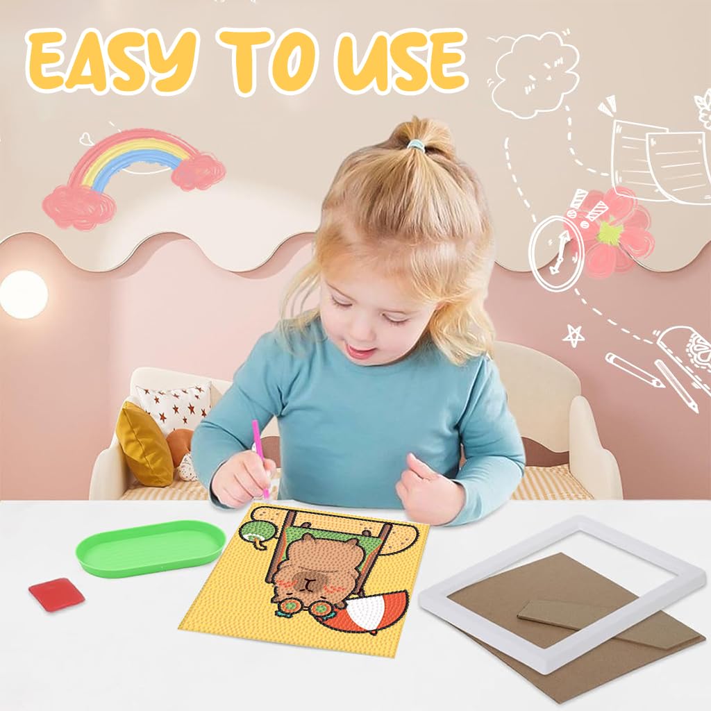 PATPAT DIY Diamond Painting Art Kit for Kids 7 Inches with Wooden Frame and Cute Capybara Design