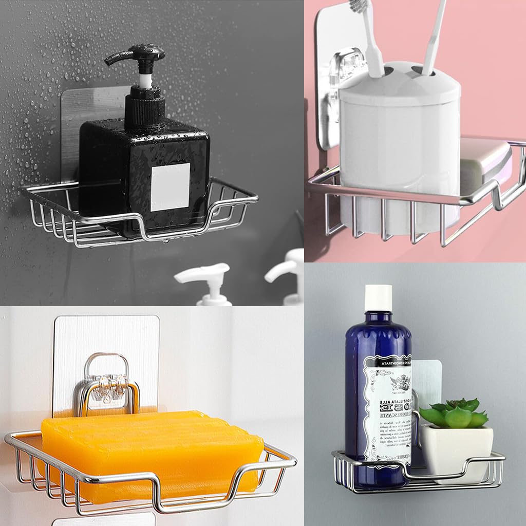 ZIBUYU Soap Holder for Bathroom with Self Draining Tray 14×9×2.3cm Stainless Steel | No Drill Wall Mount