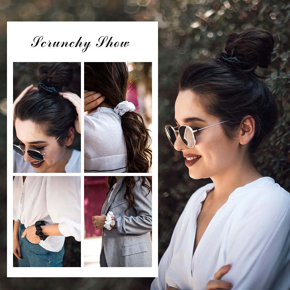 SANNIDHI Satin Scrunchies for Women with High Elastic Core in Beige Brown and Black | 3 Pcs Set