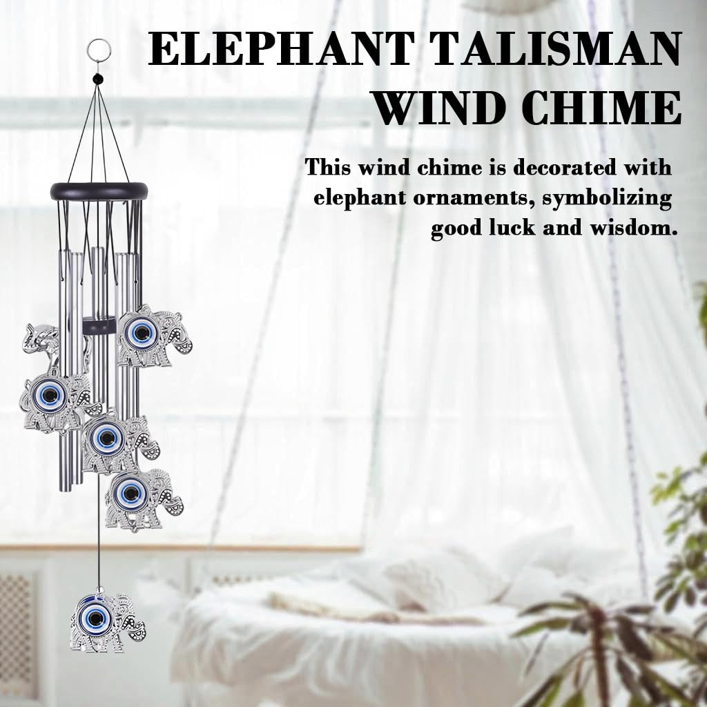 HASTHIP Evil Eye Elephant Wind Chimes for Home Décor with 25 in Aluminum Tubes | Blue Charm for Positive Energy