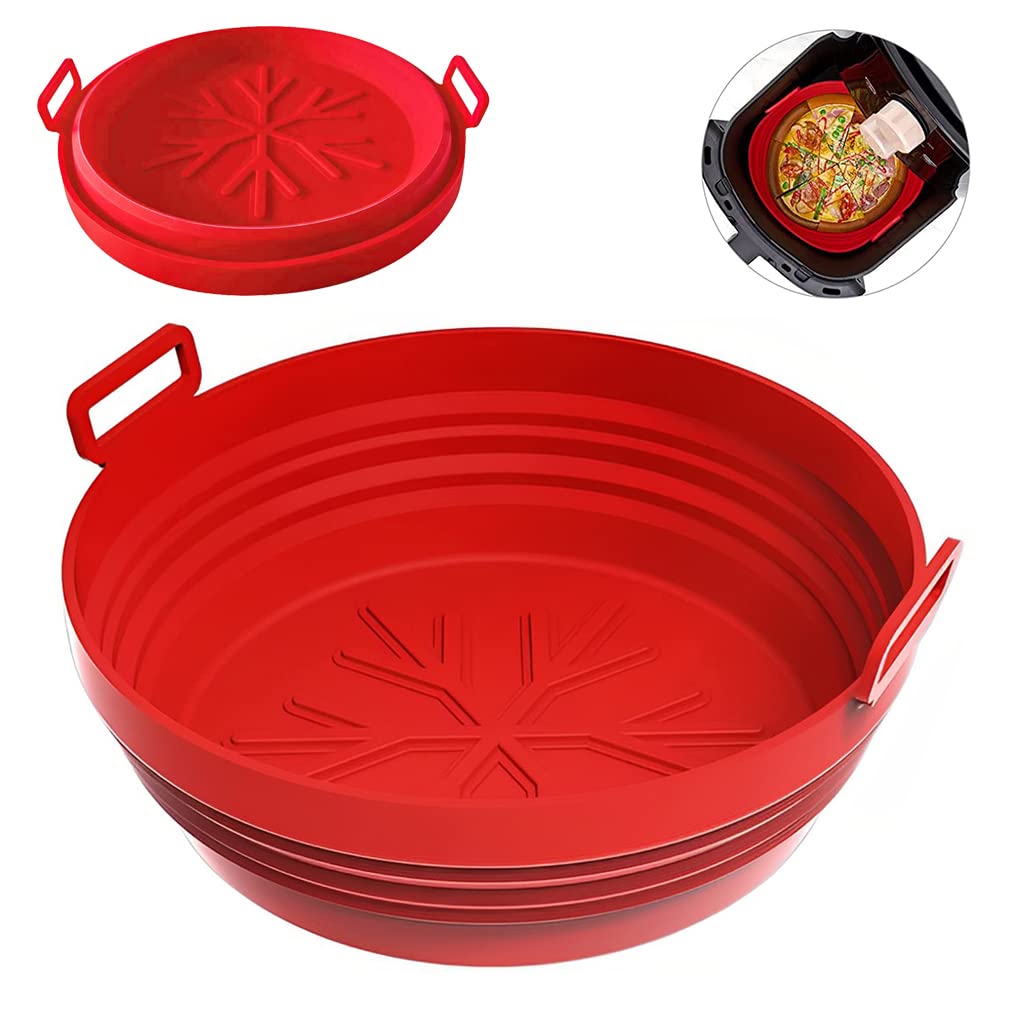 HASTHIP Air Fryer Silicone Baking Tray, 1 Pcs 8.2 Inch Foldable Air Fryer Liner for 4-7QT, Reusable Air Fryer Silicone Pot with Anti-scalding Handles, Food Safe Air Fryers Oven Accessories (Red)