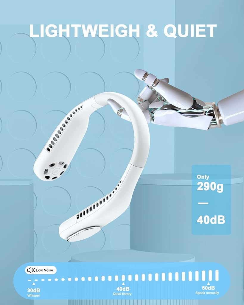 HASTHIP® Portable Neck Fan Bladeless, 4000mAh Hands-Free USB Rechargeable Fan with 3 Speeds Change & 360° Twist, Lightweight Silicone Neck Cooling Fan for Travel, Walking, Commuting, Indoor Use, White