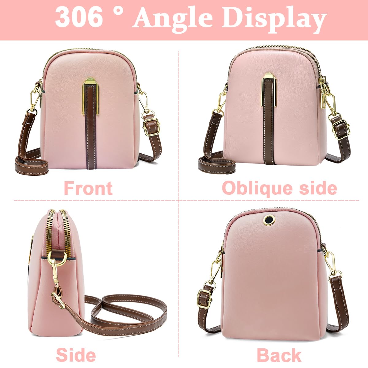 PALAY® Sling Bag Stylish PU Women Crossbody Bag Phone Bag Double Layer Daily Bag with Detachable Shoulder Belt Casual Shoulder Bag with Zipper Pouches Gift for Women, Pink