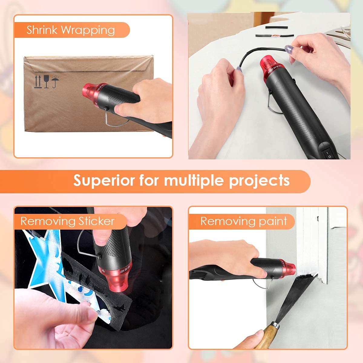 HASTHIP Handheld Mini Heat Gun, 300W Hot Air Gun Multi-Function Electrical Heat Tool for for DIY Embossing, Shrink Wrapping, Drying Paint (300W)