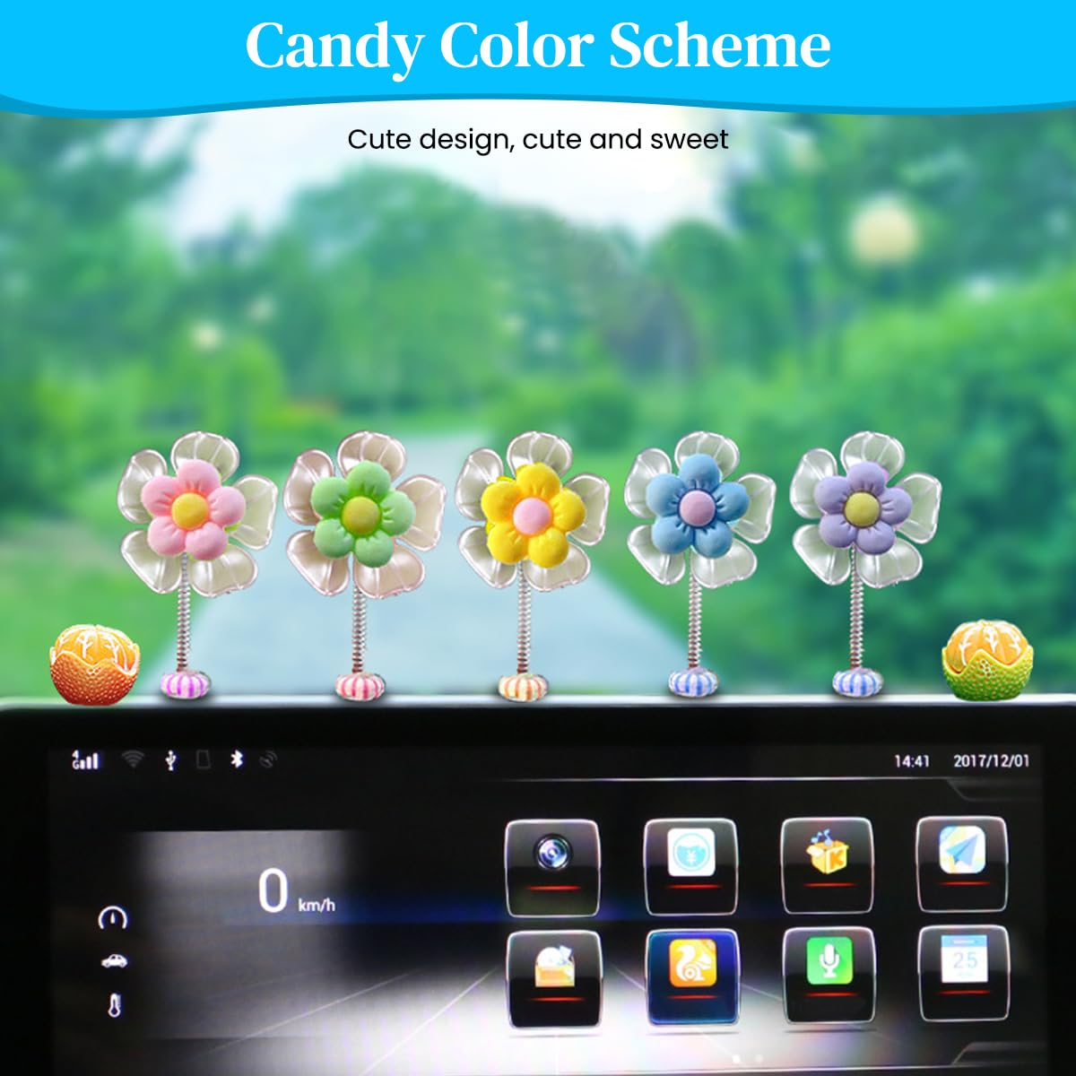 STHIRA Car Decors for Dashboard with Swinging 2.36 in Mini Flowers Set of 5 | Cotton Adhesive Charm