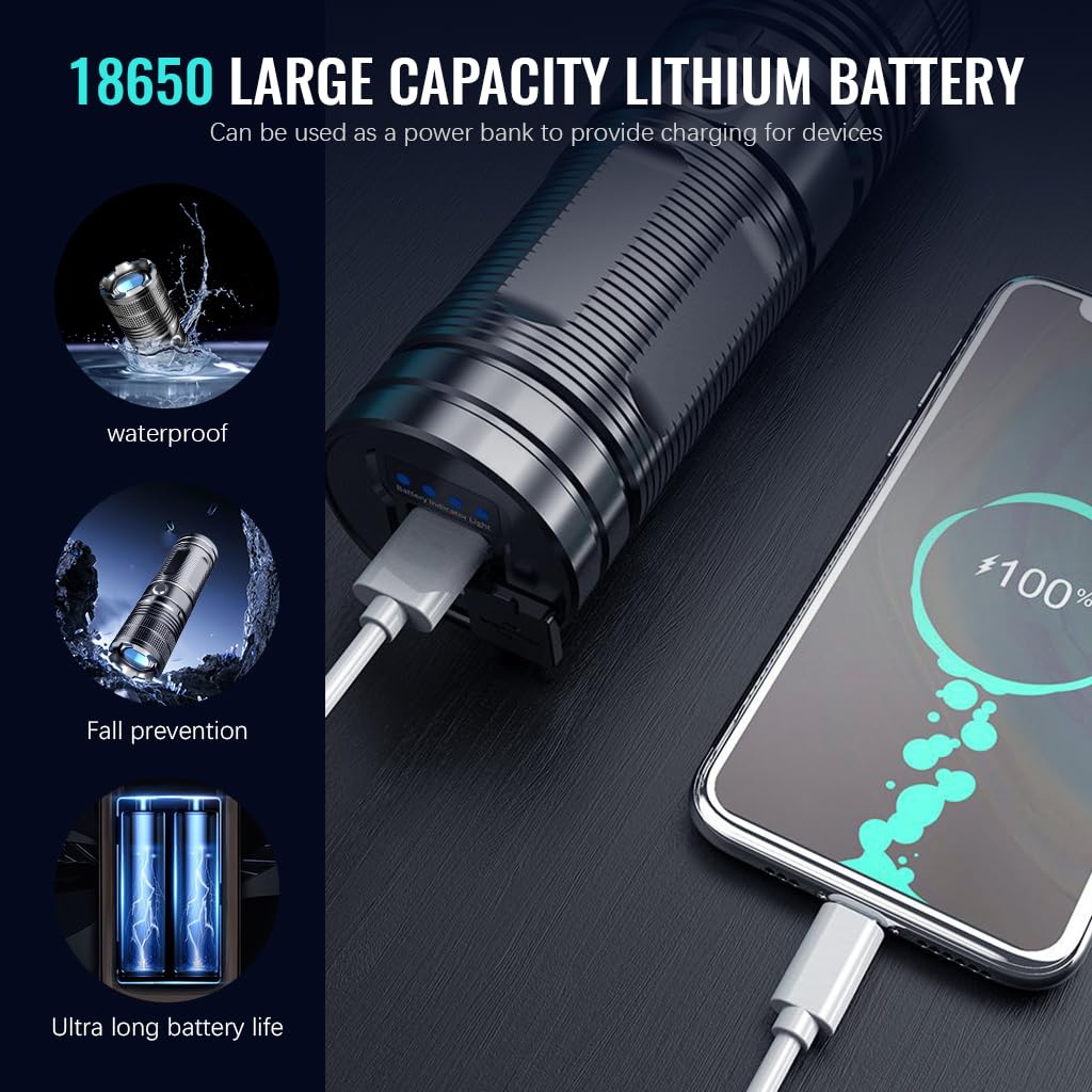 ELEPHANTBOAT Flashlight for Camping and Emergency with 4800mAh Power Bank | Zoomable IPX67 Metal Design