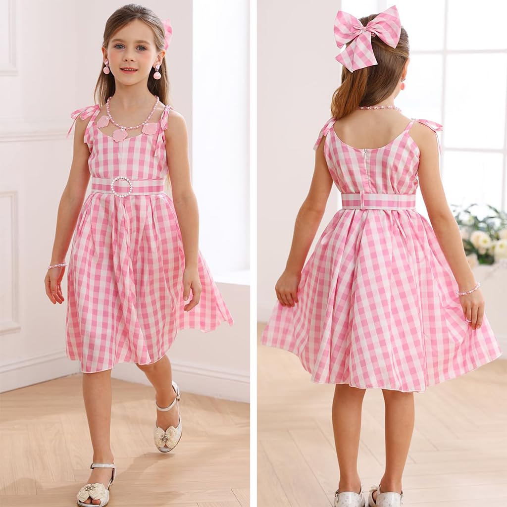 SNOWIE SOFT Girls Pink Cosplay Costume Dress with Belt and Bow for 110cm Kids | Polyester Cotton Movie Outfit