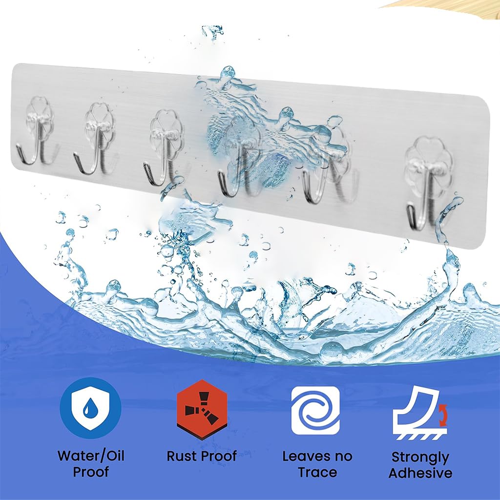 Zibuyu Wall Hook for Kitchen Bathroom and Wardrobe with 6 in 1 Self Adhesive Clear PVC Rack
