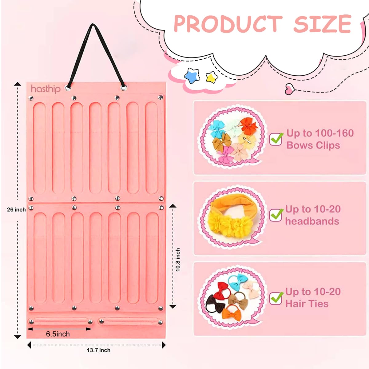 HASTHIP Hair Bows Holder for Baby Girls with 16 Ribbons and 2 Snap Straps | Soft Felt Wall Organizer 26x13.7 in