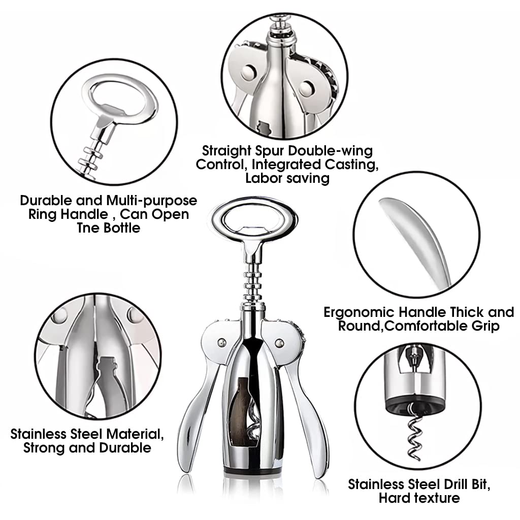 HASTHIP Wine Opener Set for Kitchen and Bar with 4 pcs Stainless Steel Tools | Corkscrew Foil Cutter Aerator and Stopper