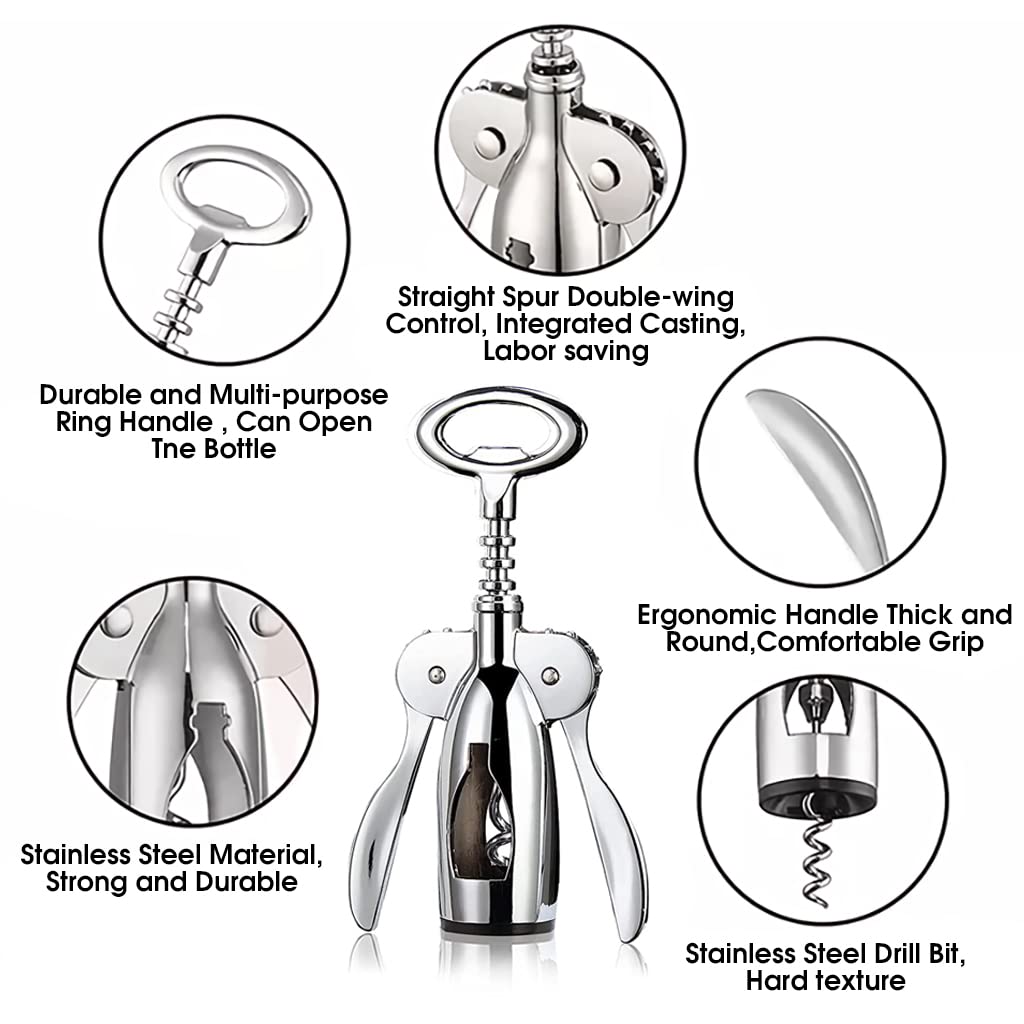 HASTHIP® 4 PCS Wine Opener Stainless Steel Corkscrew Set with Vacuum Wine Stopper, Wine Foil Cutter, Wine Aaerator Pourer Wine Corkscrew Supplies Set for Kitchen Restaurant Bars Gifts for Wine Lover