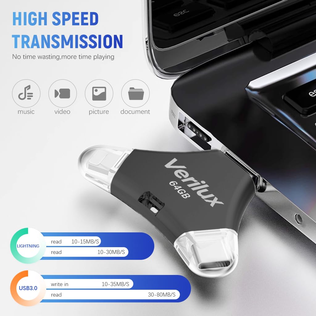 Verilux Pendrive 64 GB for iPhone and Android with 4 in 1 Type C Ports | Black Metal Design