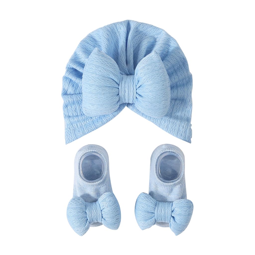 SNOWIE SOFT® Soft Fashion Knited Baby Cap with Baby Socks Set 0 to 12 Months Bow Turban Cap for Baby Girl, Stretchy Knitting Cap Socks Newborn Kids Cap for Girls Boys Blue