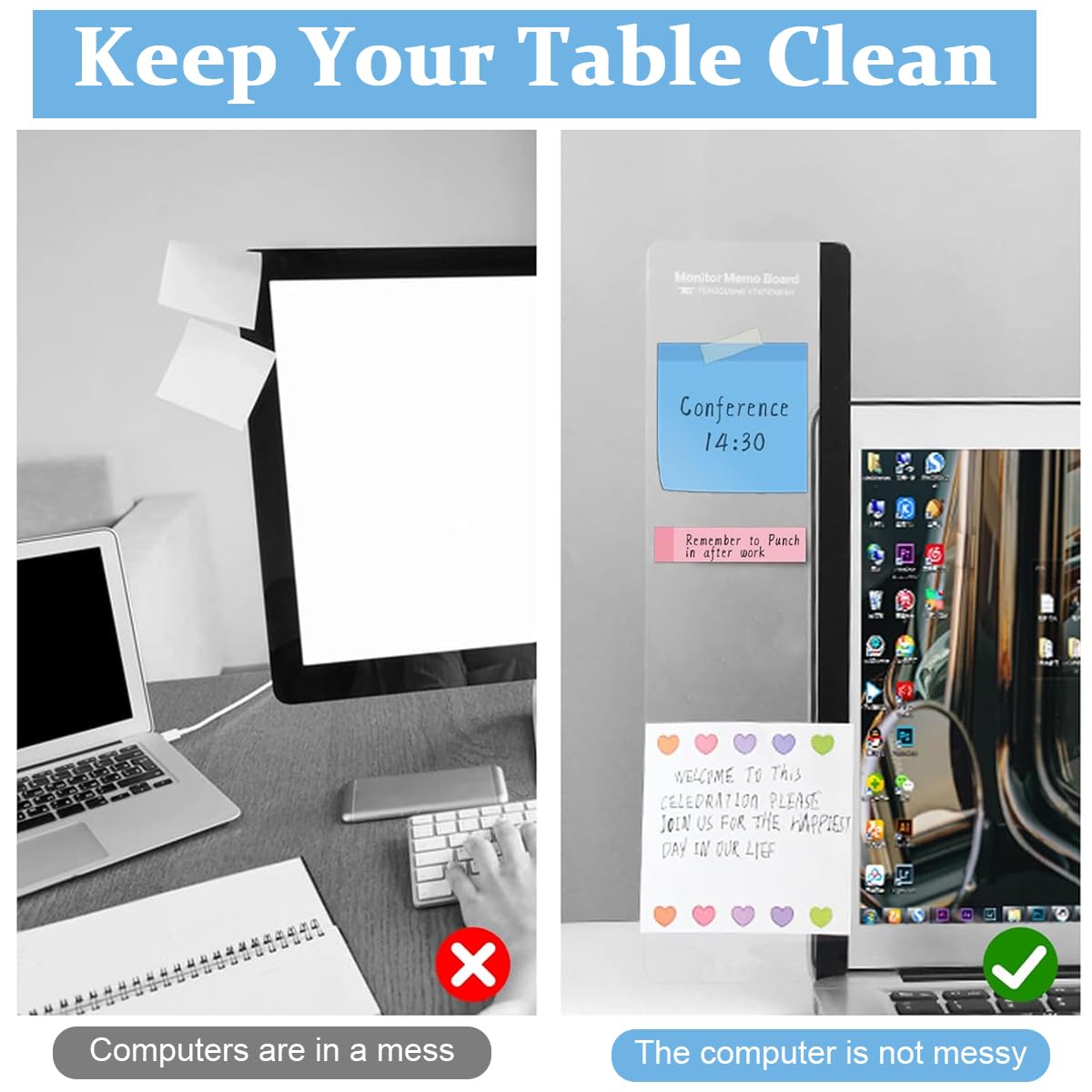 Climberty Monitor Memo Board 2pcs 11x3.1x0.05 in for Home Office Use with Acrylic Side Panel | Transparent Desktop Organizer