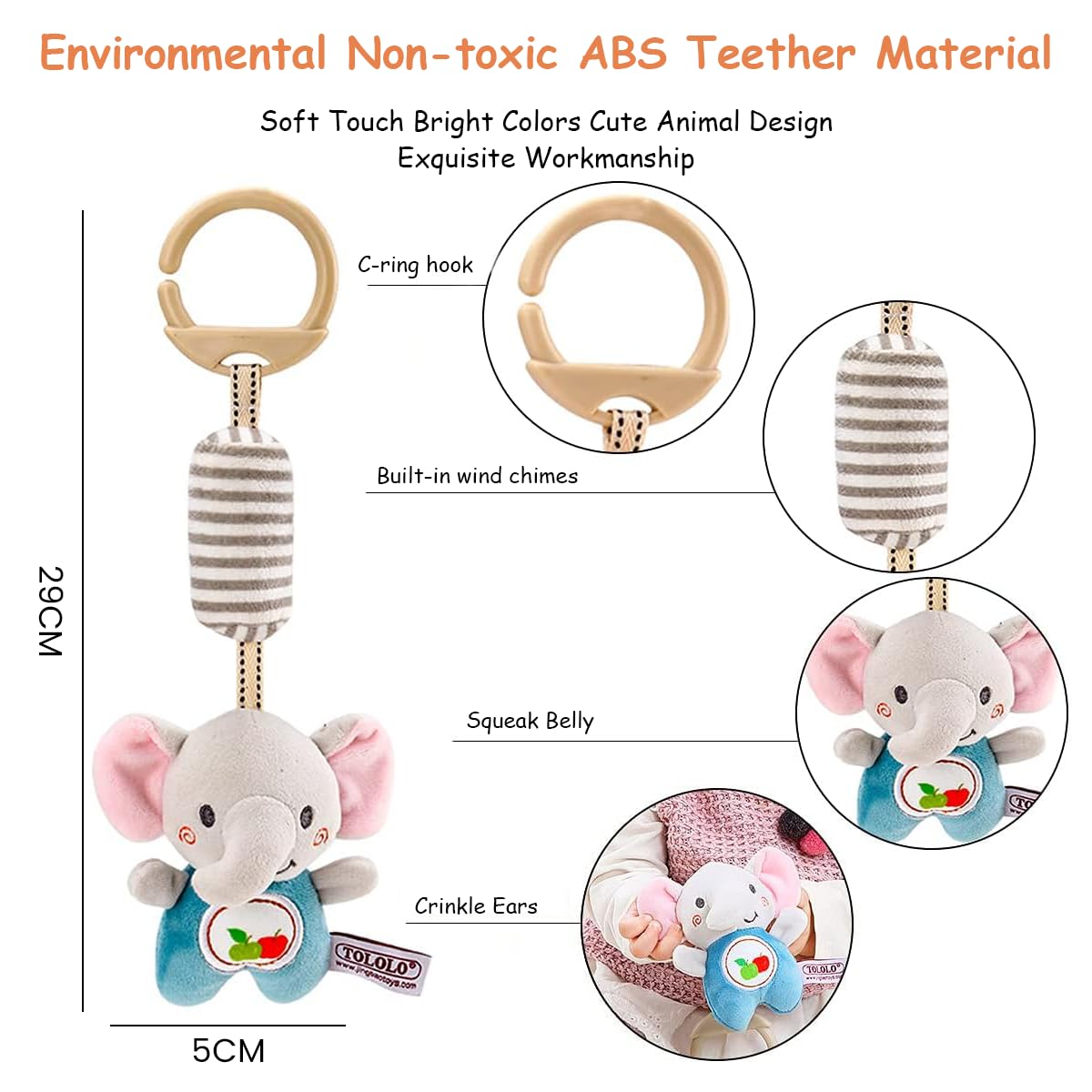 PATPAT Elephant Rattles for Baby featuring Built in Sound and Soft Plush Material | Hanging Toy for Crib and Stroller