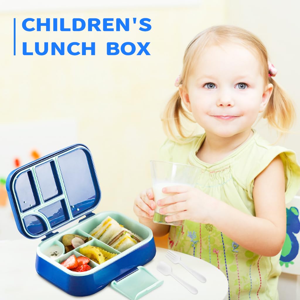 Supvox Kids Bento Box with 5 Compartments and 65ml Salad Cup featuring Leak Proof Seal | Blue Microwave Safe Lunch Box
