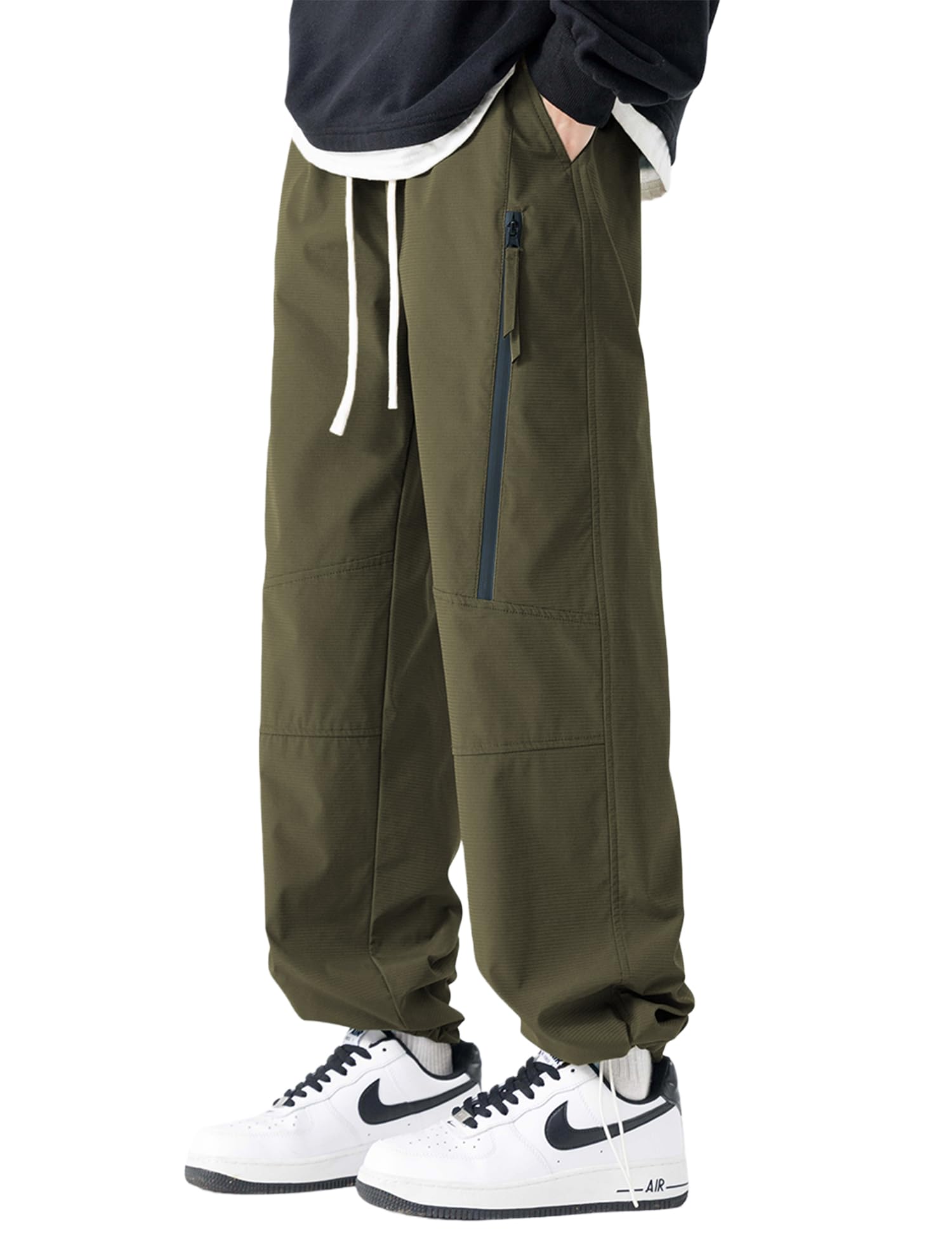 Venzina Men's Techwear Pants for Commuting and Travel featuring 2-Way Ankle Design | Waterproof Quick-Dry Army Green Joggers