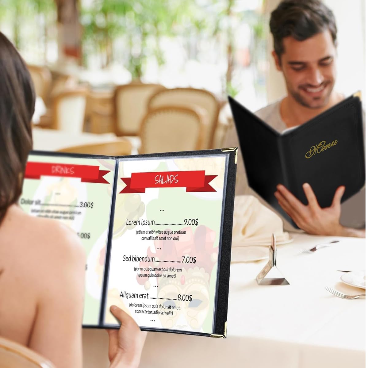 Serplex Leather Menu Cover for Restaurants with 7-Sheet Dual-Sided Display and Golden Corners | 12.6x9.8 in