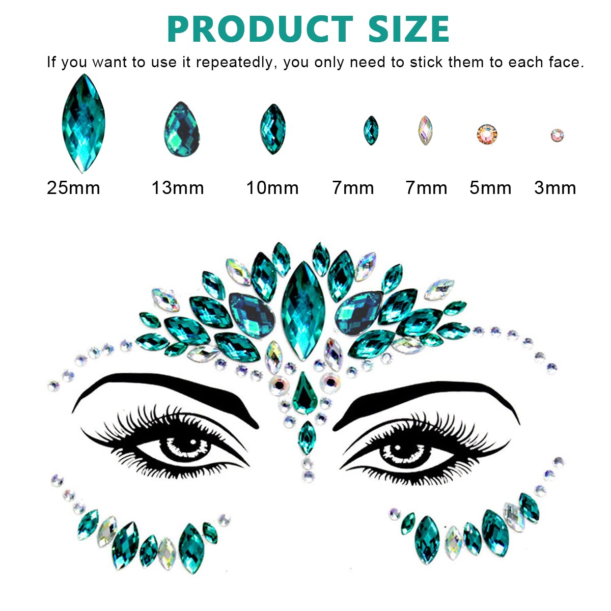 MAYCREATE Rhinestone Face Decoration Jewelry Sticker Peacock Princess Makeup Sticker for Makeup Artist Body Art Rhinestone Face Acrylic Gem Stones Temporary Stickers for Makeup, Festival, Perform