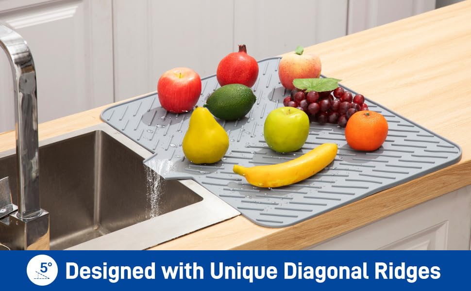Supvox Silicone Slope Draining Mat for Kitchen Use with Ridge & Lip Design 23 x 17 in Grey