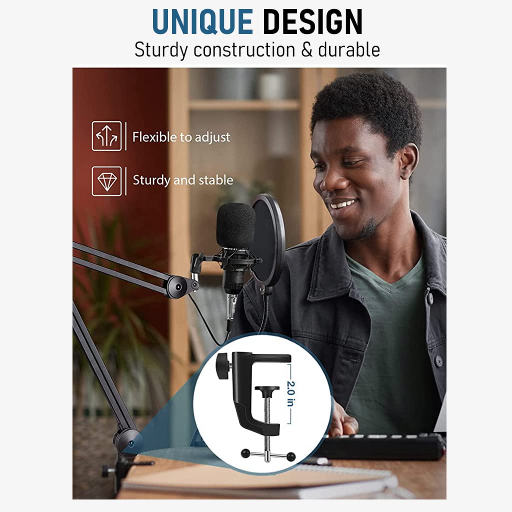 Zeitel Desk Microphone Boom Stand for Streaming and Recording with Dual-Section Arm | Steel Heavy-Duty Clamp Holds Up to 3.5 lb