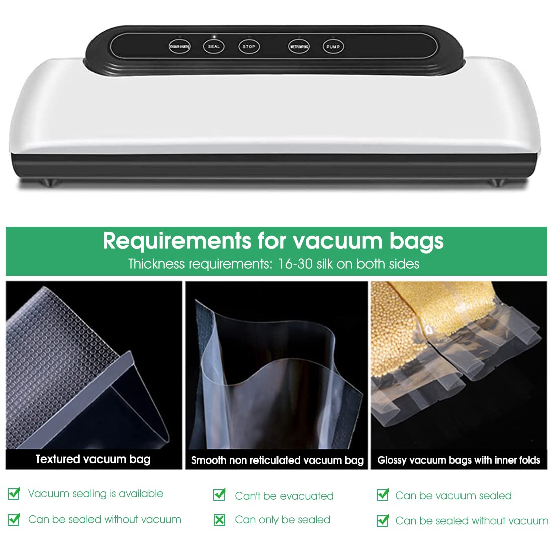 Supvox Vacuum Sealer Machine for Food Storage with Built-in Cutter and 10 Bags | 65kPa Powerful Suction